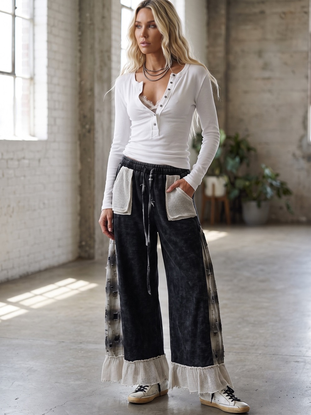 NWT POL High Rise Thermal Waffle Knit Plaid Ruffle Crochet Wide Leg Pants